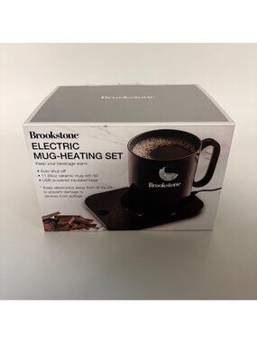Brookstone Electric Mug Heating Set USB Base Ceramic Mug Lid . Keeps Beverages W